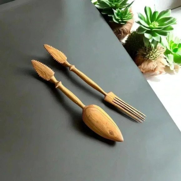 💟💎VINTAGE Hand Carved African Tribal Art Fork And Spoon - Picture 2 of 15